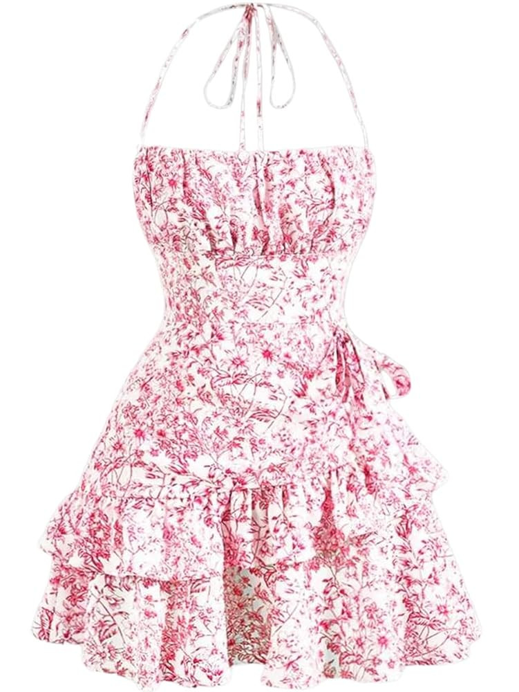 Narecte Summer Dresses for Women,Tie Halter Mini Dress,Floral Print Short Dress,Ruffle Trim Casua... | Amazon (US)