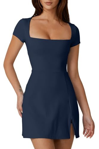 QINSEN Athletic Dress for Women Square Neck Short Sleeve Built in Shorts Workout Dress Fall Stretch Active Dress Dark Blue M | Amazon (US)