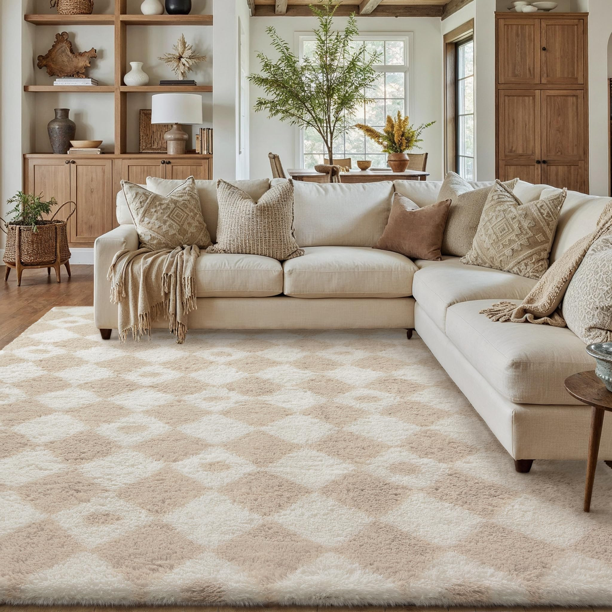 Checkered Rug 8x10 Fluffy Shag Living Room Beige Area Rug Modern Washable Carpet Soft Shaggy Non ... | Amazon (US)