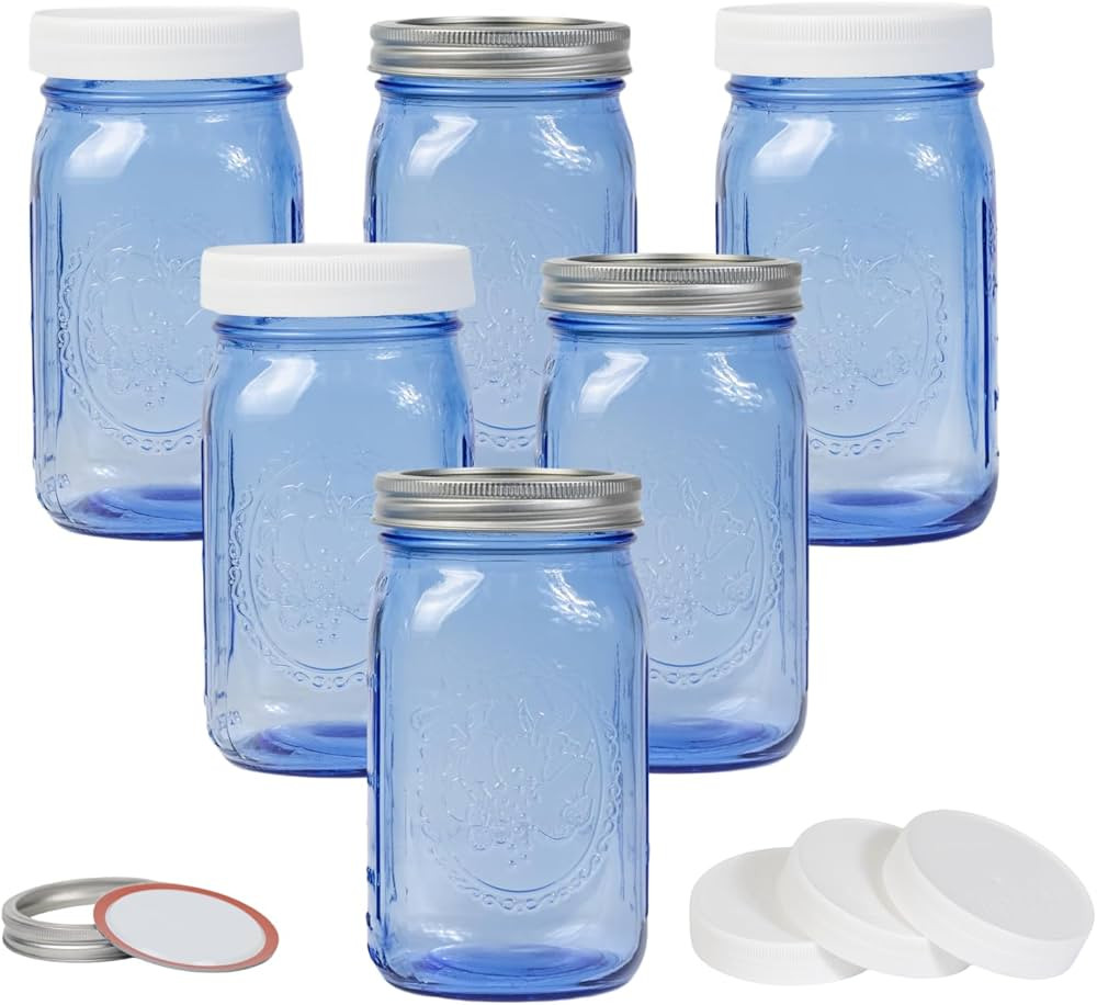 Amazon.com: Yodecy 6 Pack 32 oz Blue Wide Mouth Mason Jars with Airtight Lids and White Plastic M... | Amazon (US)