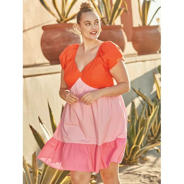 The Get Women's Plus Size Colorblocked Mini Dress with Short Sleeves - Walmart.com | Walmart (US)
