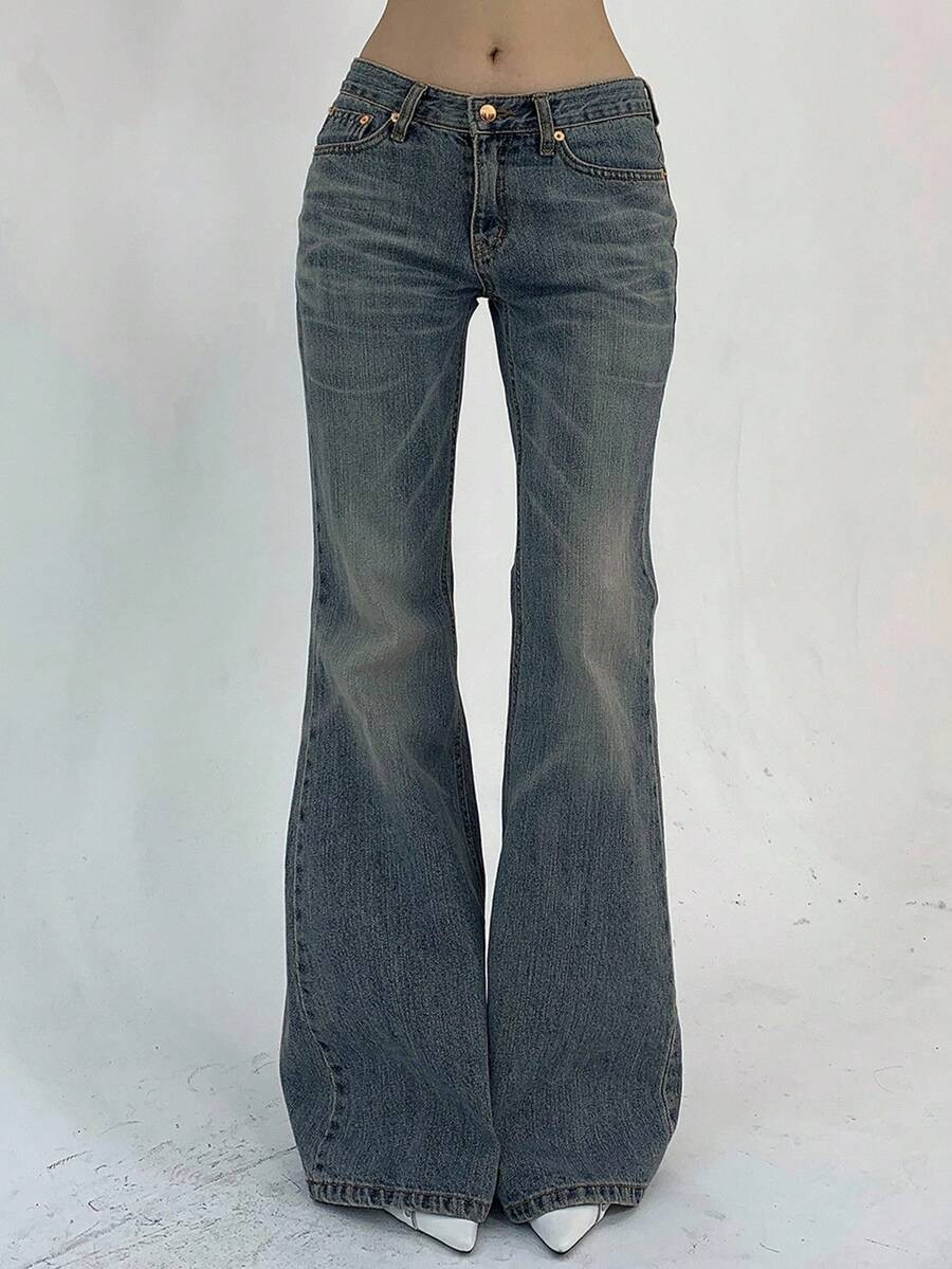 DAZY Women's Solid Color Casual Denim Flared Pants With Pockets Low Rise Jeans | SHEIN