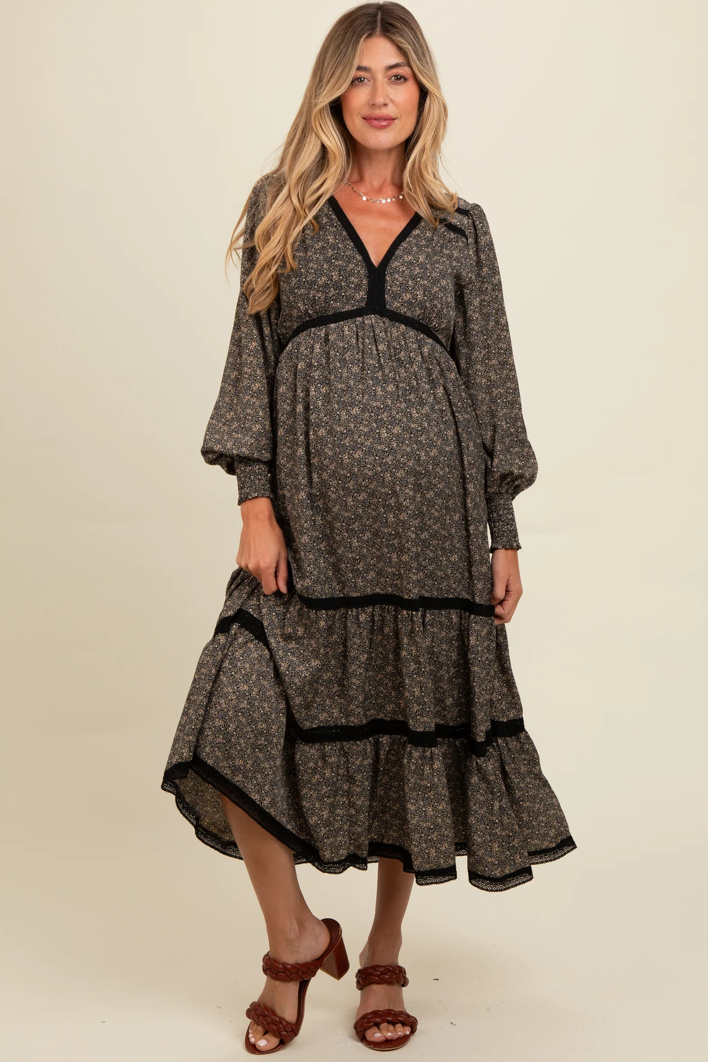 Black Floral Lace Trim Bubble Sleeve Maternity Maxi Dress | PinkBlush Maternity