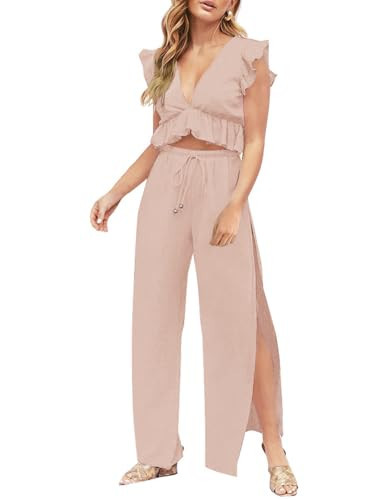 FANCYINN 2 Pieces Summer Outfits for Women Deep V Neck Crop Top Side Slit Drawstring Wide Leg Pants Sets Jumpsuits Pink S | Amazon (US)