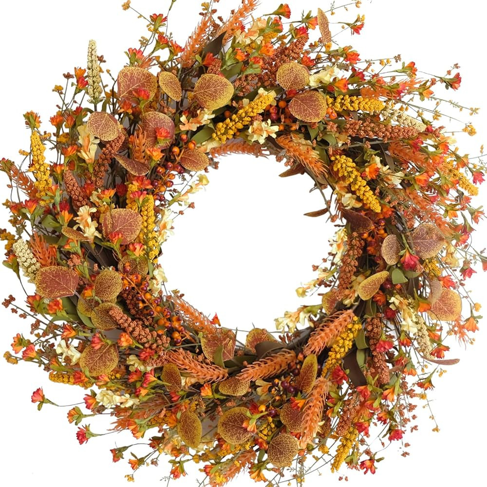 Bibelot 24 Inch Fall Wreaths for Front Door Wreath with Flowers,Grain,Eucalyptus Leaves Autumn Wr... | Amazon (US)
