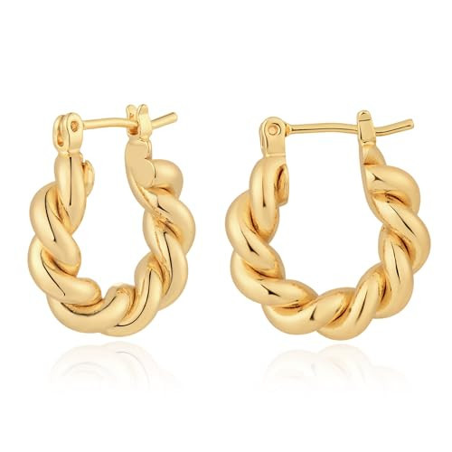 LADYGD Gold Hoop Earrings for Women 14K Gold Plated Twisted Rope Thick Hoops Earring Hypoallergenic Simple Gold Jewelry Gifts | Amazon (US)