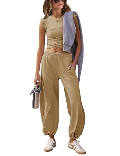 Womens 2 Piece Sweatsuits Hot Shot Sets Casual Workout Cropped Tee Top High Rise Sweatpants Athle... | Amazon (US)