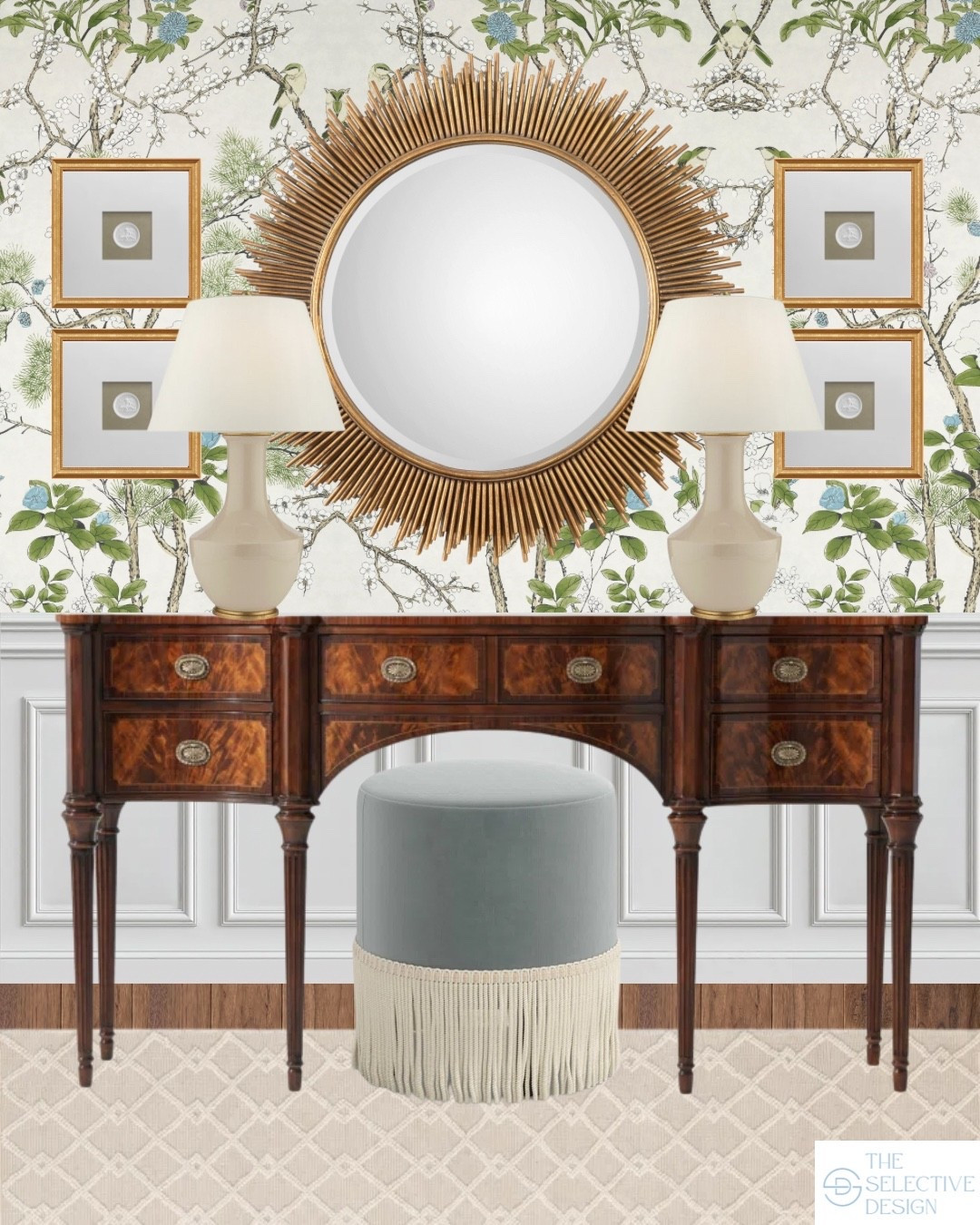 This timeless entryway blends traditional elegance with curated sophistication. Featuring a vintage-inspired console table, neutral  lamps, a statement sunburst mirror, and chinoiserie wallpaper, this space captures the essence of classic interior design. Adding texture and charm creates a warm and welcoming first impression.

Grandmillennial entry design | classic entry design | traditional entry design ideas

#LTKSaleAlert #LTKFindsUnder100 #LTKHome