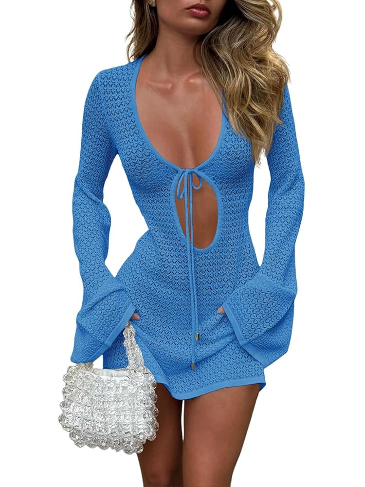 Saodimallsu Womens Crochet Swimsuit Cover Up Long Bell Sleeve V Neck Tie Mesh Knit Summer Beach D... | Amazon (US)