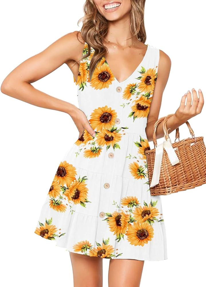 MITILLY Women's Summer Sleeveless V Neck Button Down Casual Pocket Swing Short Dress | Amazon (US)