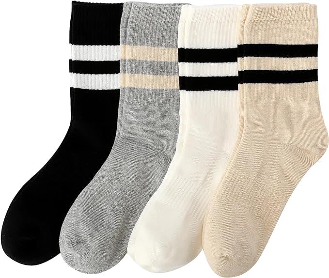 Cotton Fashion Striped Crew Socks - 4 Pairs of Cozy Thermal Ankle Socks for Women, Stylish Women'... | Amazon (US)