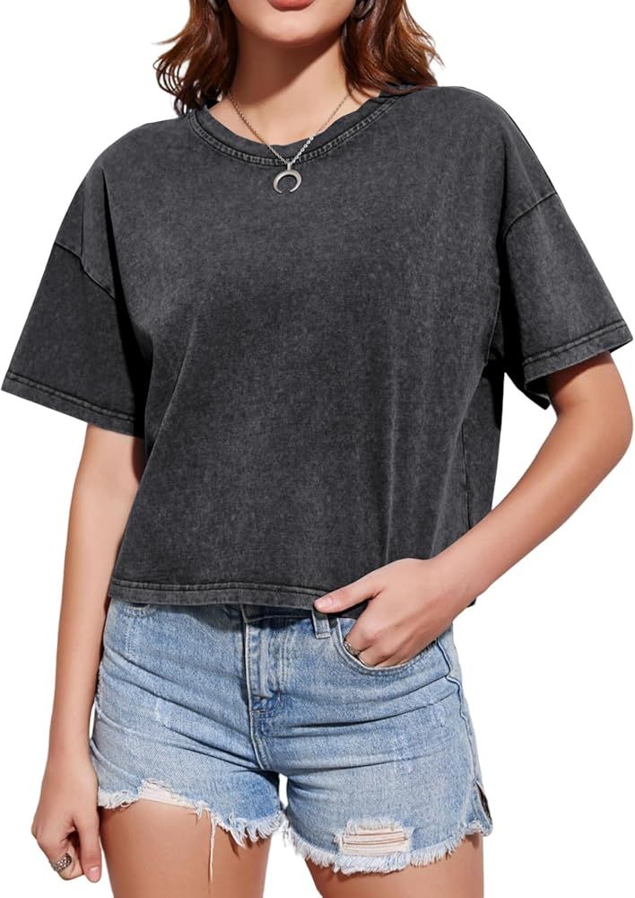Imily Bela Cropped T Shirts for Womens Crewneck Short Sleeve Tops Washed Summer Vintage Basic Tee... | Amazon (US)