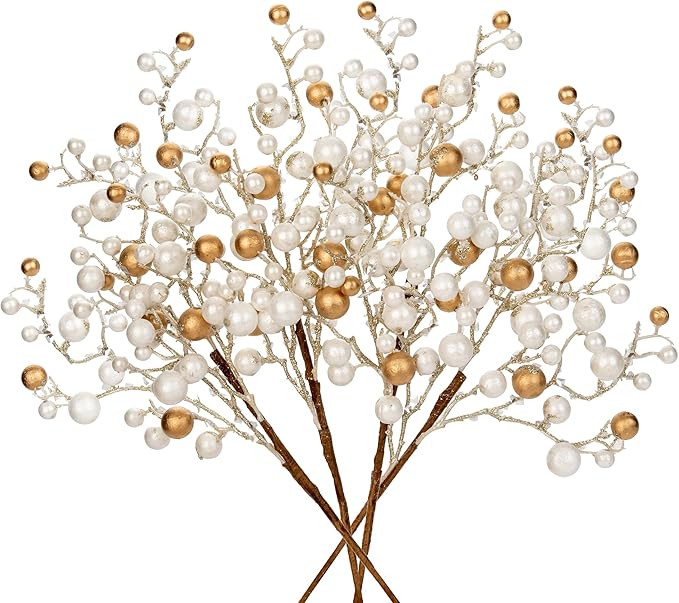 Hollyone 4 Pack Artificial Christmas Glitter Berries Stems, 19 Inch Fake White and Gold Holly Ber... | Amazon (US)