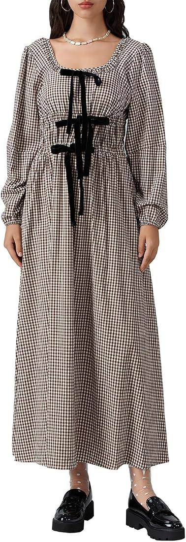 SOLILOQUY Women Cottage Bowknot Plaid Dress Square Neck Long Puff Sleeve Maxi Dress Spring Casual... | Amazon (US)