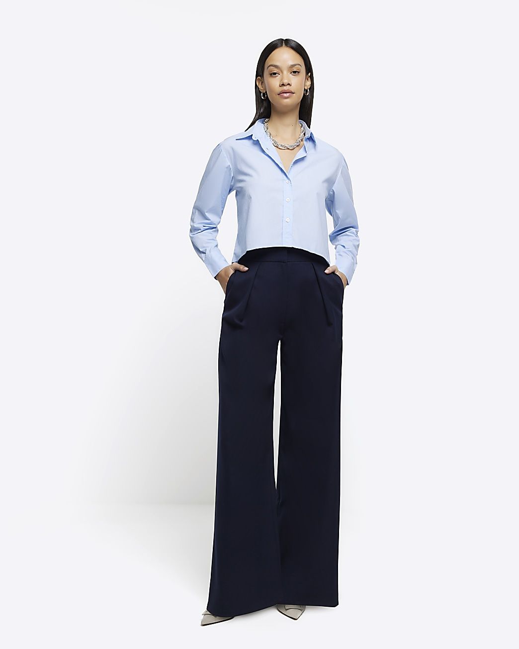 Navy high waisted wide leg trousers | River Island (UK & IE)