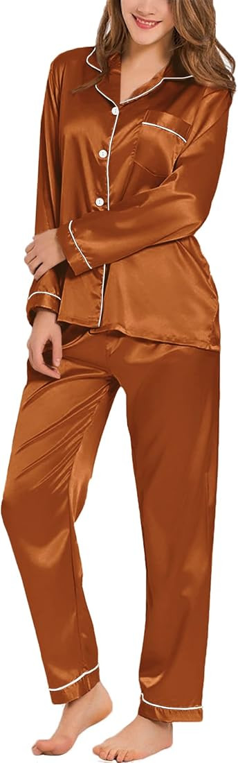 SWOMOG Womens Silk Satin Pajamas Loungewear Two-piece Sleepwear Button-Down Pj Set | Amazon (US)