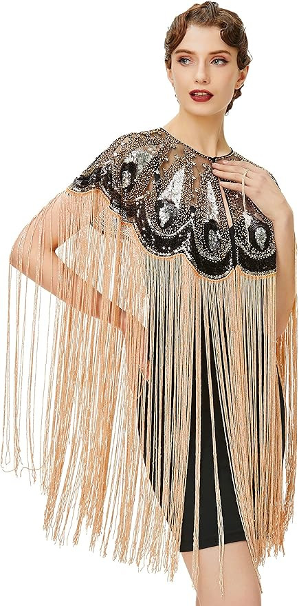 BABEYOND 1920s Shawl Wraps Long Fringed Evening Cape Sequin Beaded Party Shawl | Amazon (US)