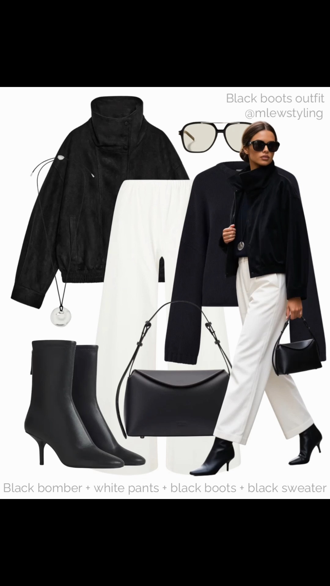 Elevated fall outfit with black & white 🤍

Tags: autumn outfit formulas, white wide leg pants, black kitten heel ankle boots, black suede jacket, reformation pendant necklace, freja nyc bag, aviator sunglasses, black sweater

#LTKfall #LTKcanada #LTKshoes