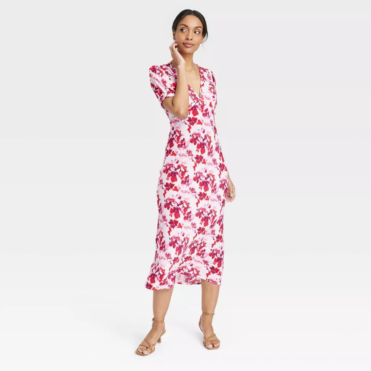 Women's Crepe Puff Short Sleeve Midi Dress - A New Day™ Red Floral M | Target