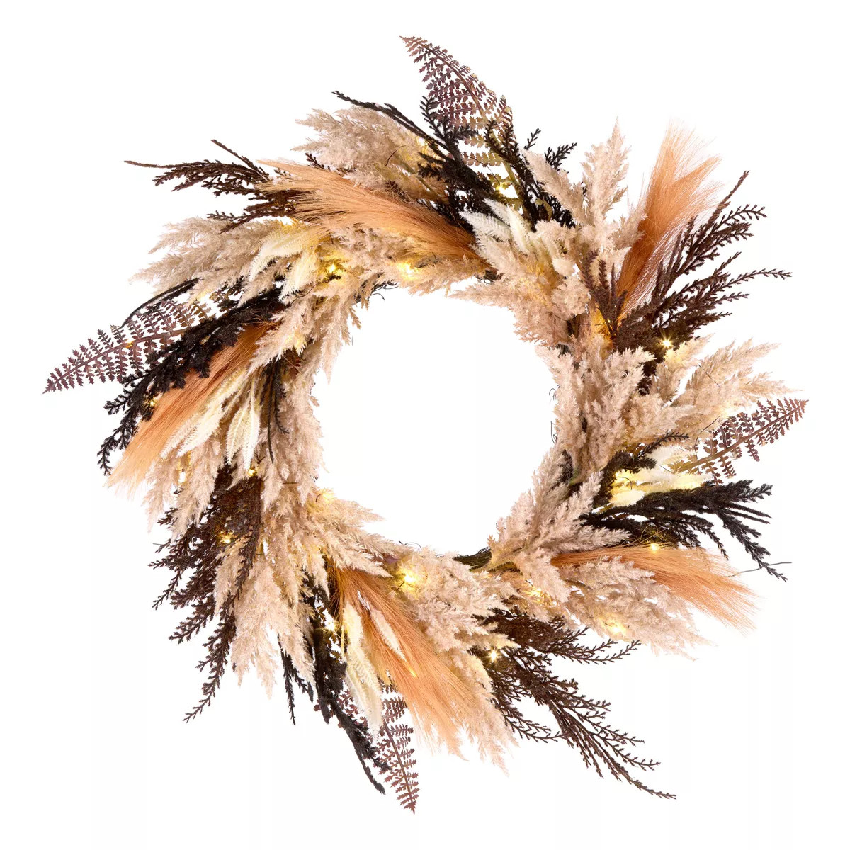 26" Prelit LED Orange and Black Pampas Wreath Warm White Lights - National Tree Company | Target
