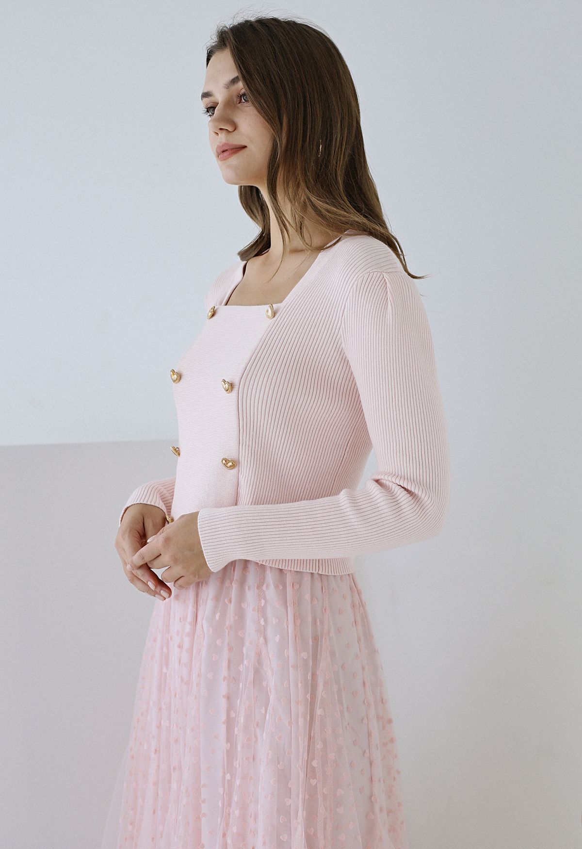 Heart-Shape Buttons Square Neck Knit Top in Light Pink | Chicwish