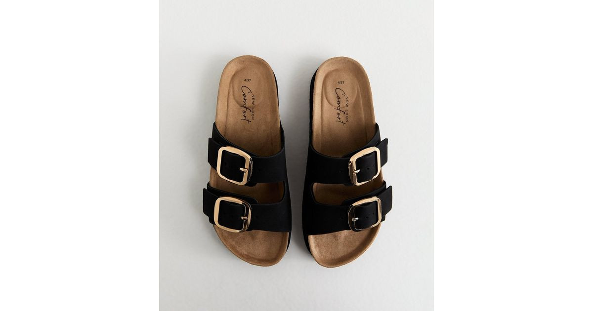 Black Cork Sole Double Strap Mule Sandals | New Look | New Look (UK)