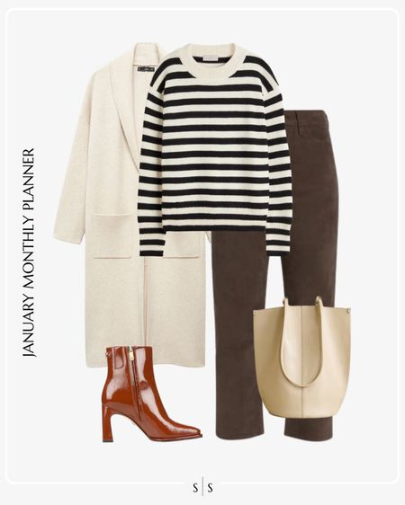Monthly outfit planner: JANUARY: Winter looks | striped sweater, long knit coat, brown cropped straight jean, bucket bag, patent ankle boot 

See the entire calendar on thesarahstories.com ✨ 

#LTKstyletip
