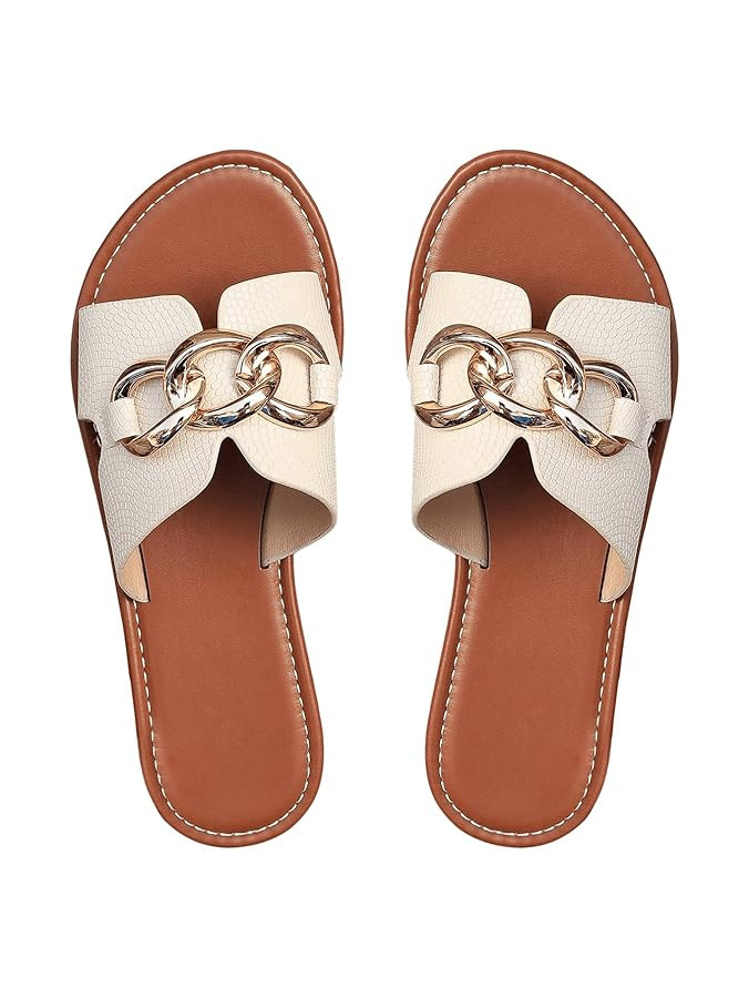 Verdusa Women's Open Toe Chain Flat Sandals Faux Leather Summer Slippers Slip on Slides | Amazon (US)