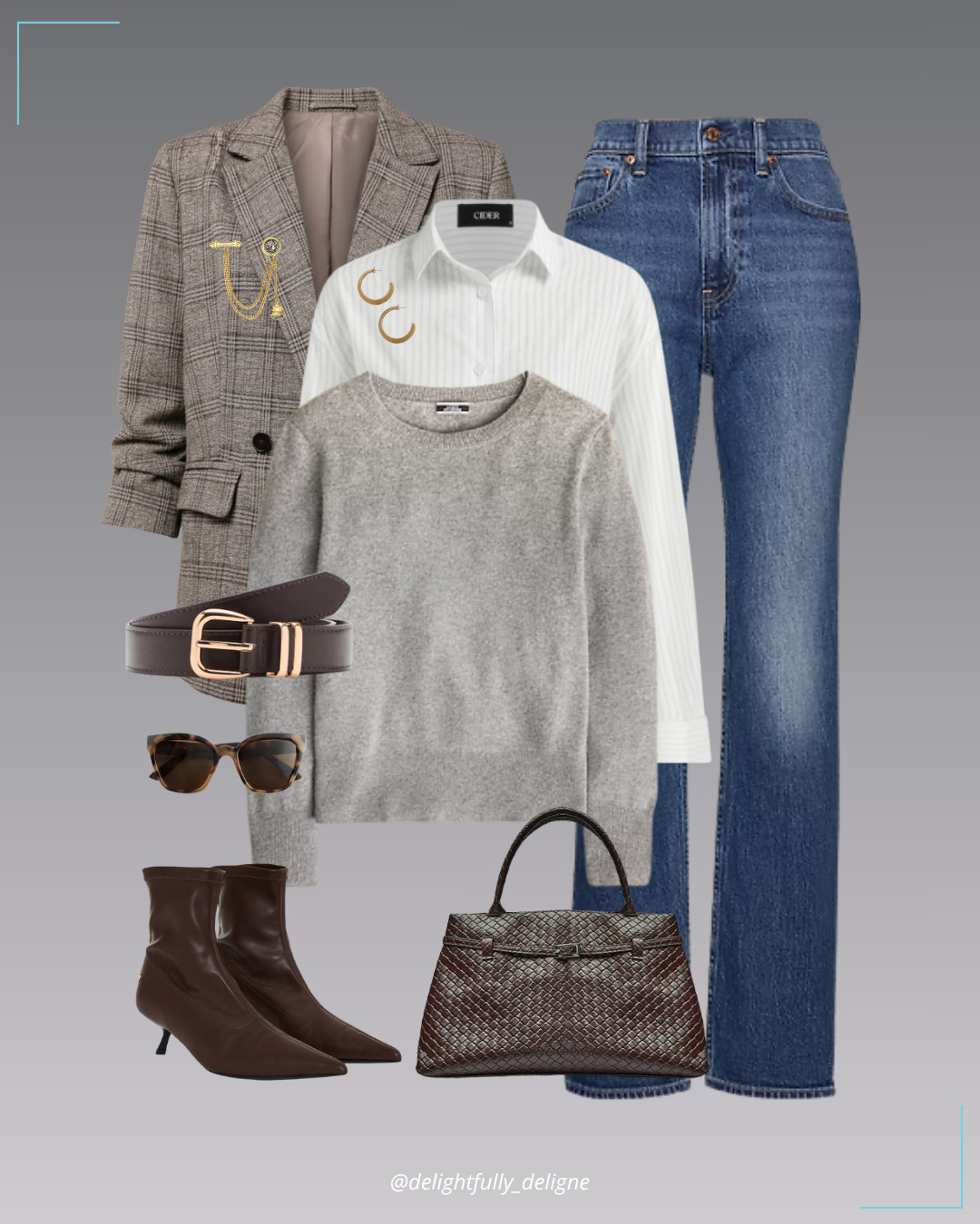 Ralph Lauren Classic  🤎  Brown plaid tweed blazer, striped polo shirt, cashmere crewneck sweater, high-rise straight jeans, brown boots, chocolate weave belt bag, metal buckle belt, hoop earrings, double chain coin brooch & cat-eye sunglasses. 

 #LTKOver40 #LTKStyleTip #LTKWorkwear