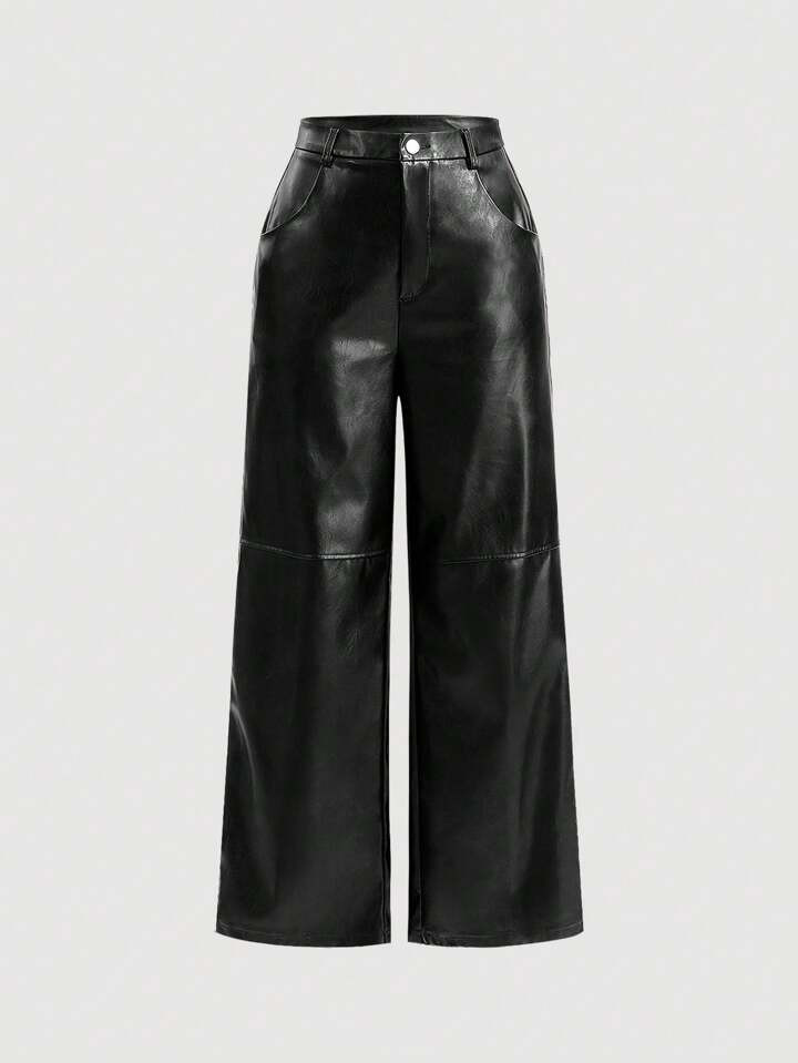 SHEIN Tall Black Date Night Solid PU Leather Straight Leg Pants | SHEIN