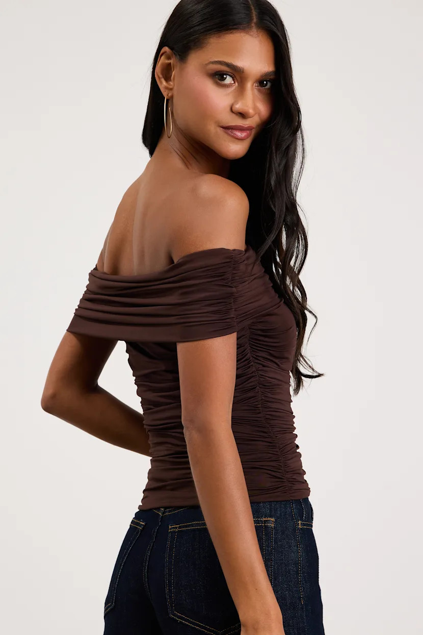 Jarena Dark Brown Ruched Off-the-Shoulder Top | Lulus