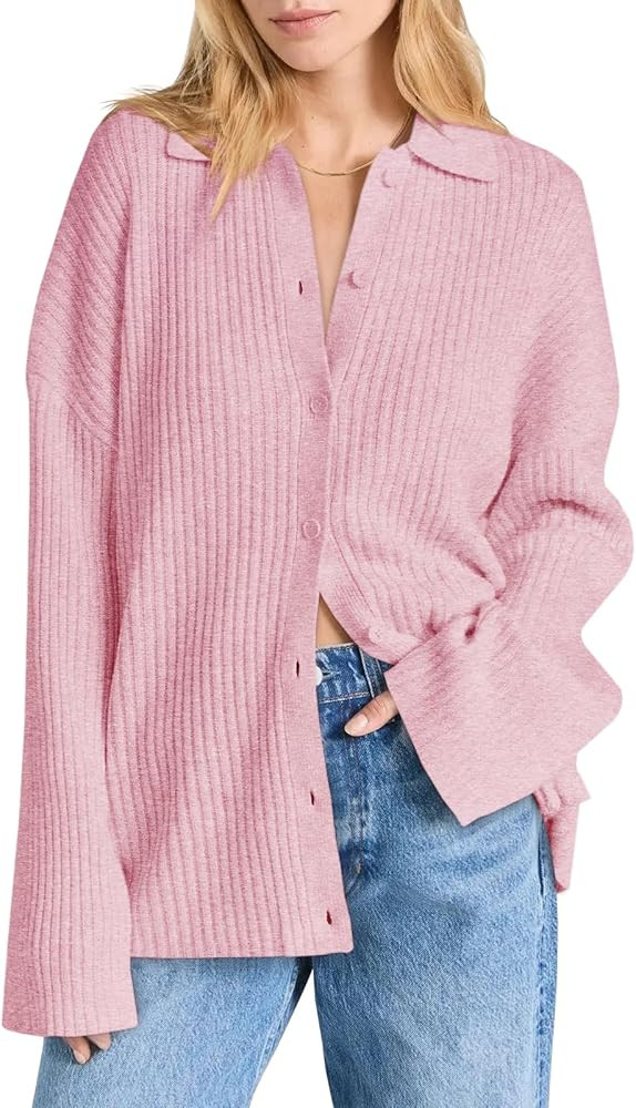 Danedvi Womens Collared Cardigan Sweaters Oversized Ribbed Knit Open Front Button Up Bell Sleeve ... | Amazon (US)