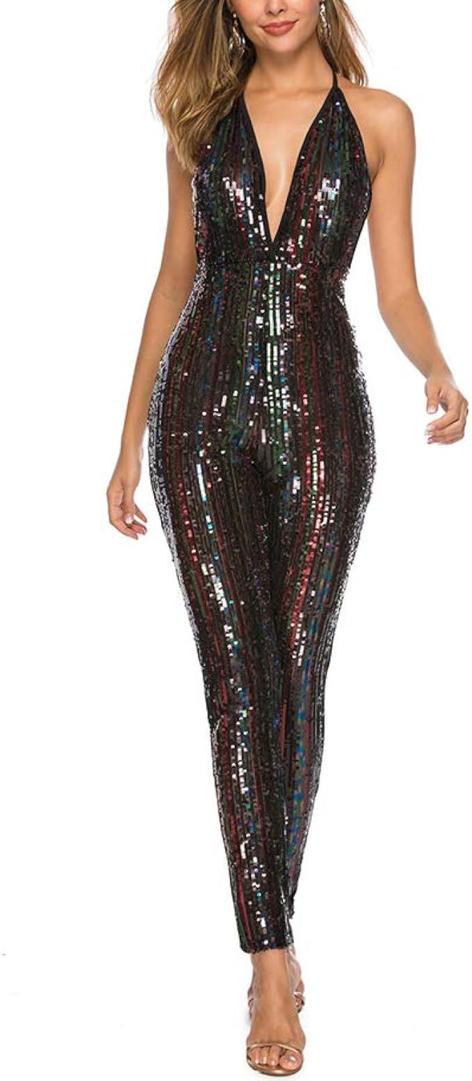 Whitewed Multicolor Striped Sequin Plunge Jumpsuit Romper Playsuits Costumes | Amazon (US)