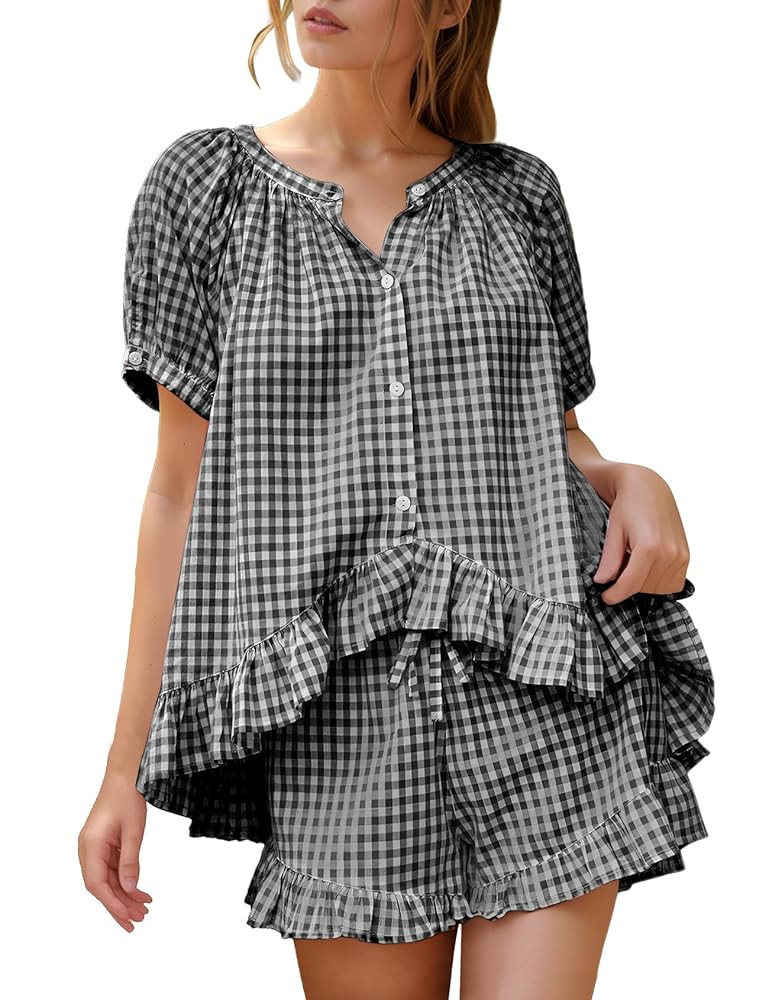 Flygo Womens Gingham Pajamas Set 2 Piece Cotton Pj Lounge Sets Puff Sleeve Ruffle Babydoll Shirt ... | Amazon (US)
