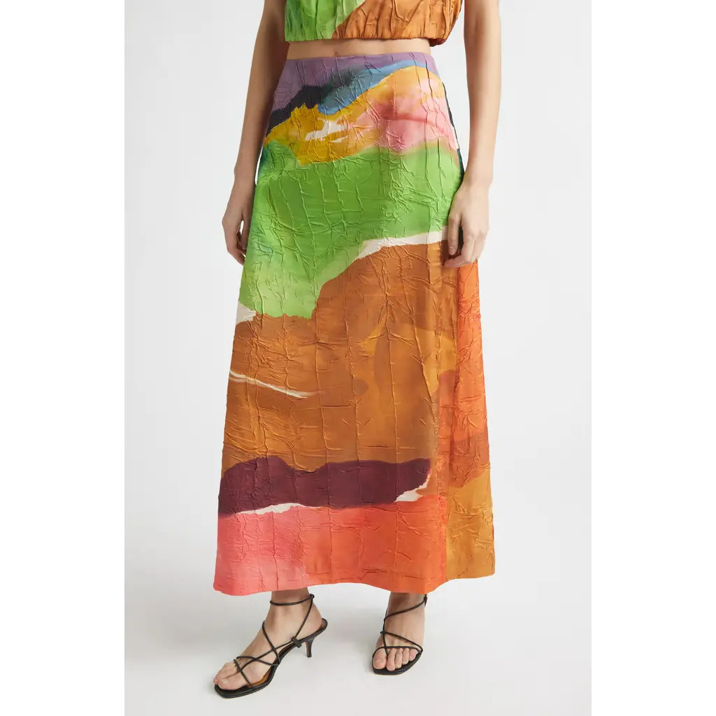 Ulla Johnson x Helen Frankenthaler Inez Crinkled Satin Pencil Skirt in Nature Abhors A Vacuum at Nordstrom, Size 2 | Nordstrom