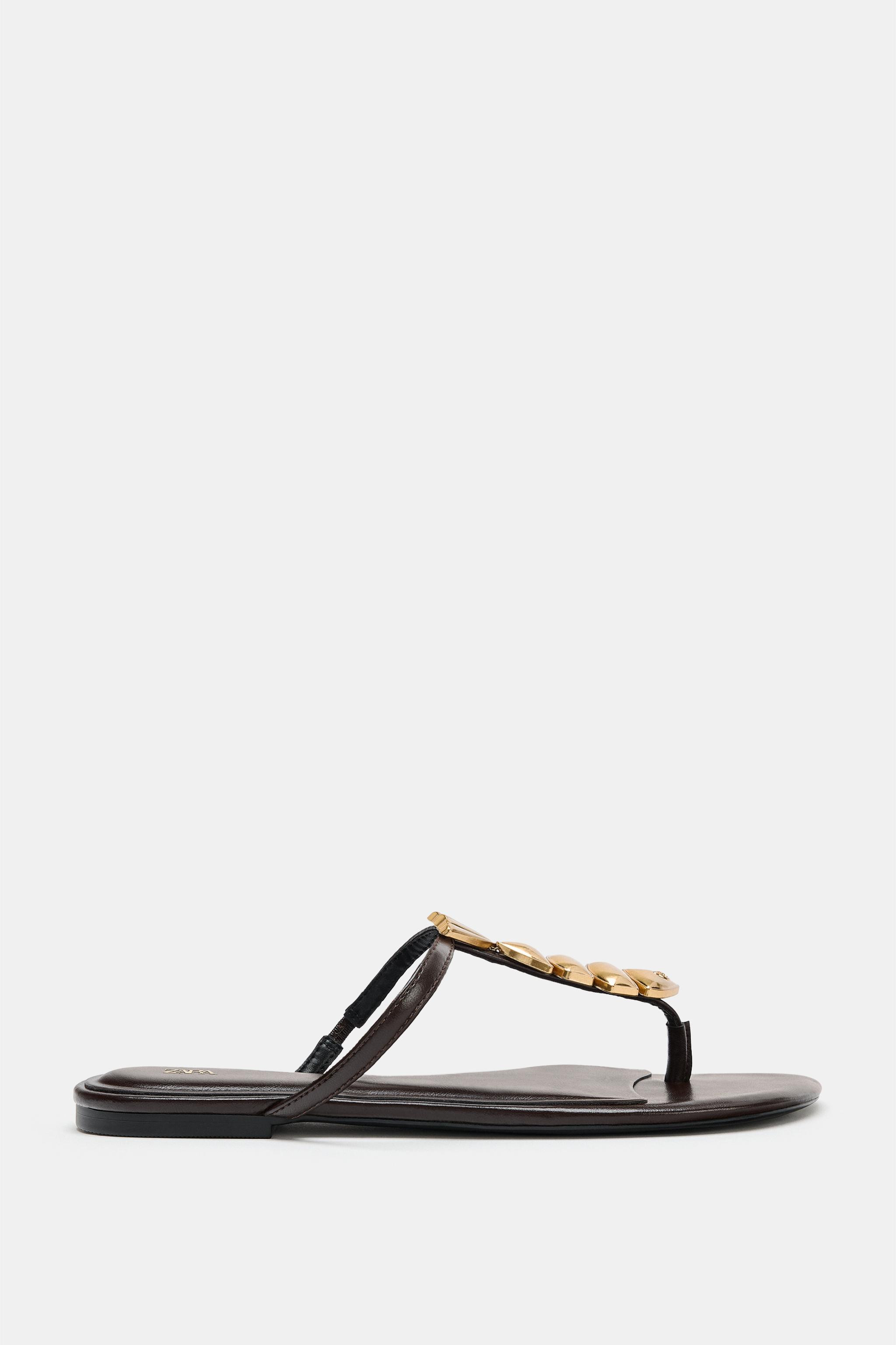 Flat sandals with metallic fish-shaped appliqu\u00e9 detail. Front strap with toe post. Irregular... | Zara US