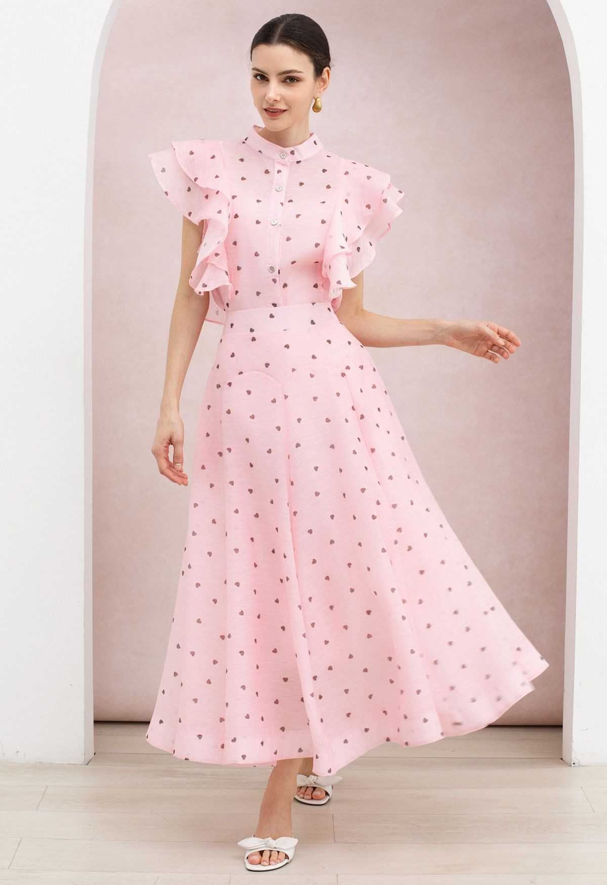 Heart Tiered Ruffle Buttoned Organza Top and Maxi Skirt Set in Blush Pink for Afternoon Tea & Vac... | Chicwish