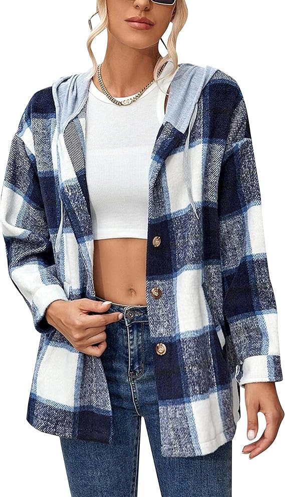 Mingzhu Womens Flannel Plaid Hoodie Jacket Shacket Oversized Button Down Coat | Amazon (US)