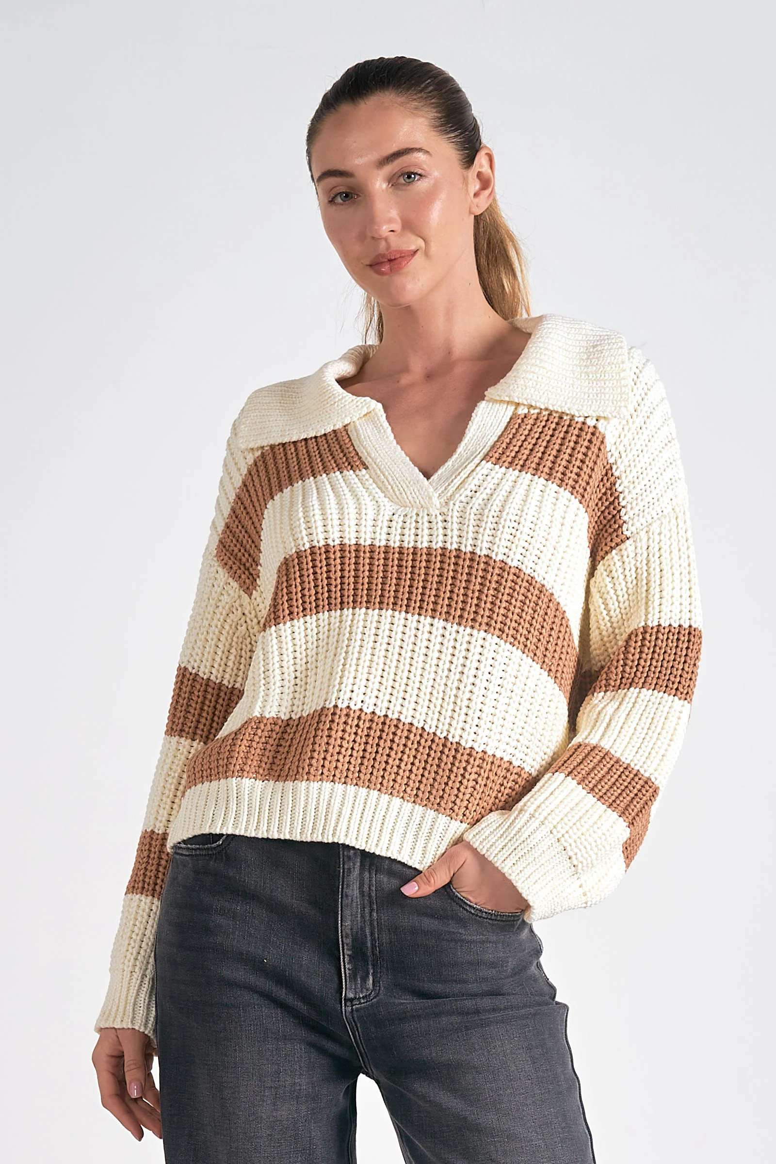 Striped V-Neck Collared Sweater | Sierra Deene