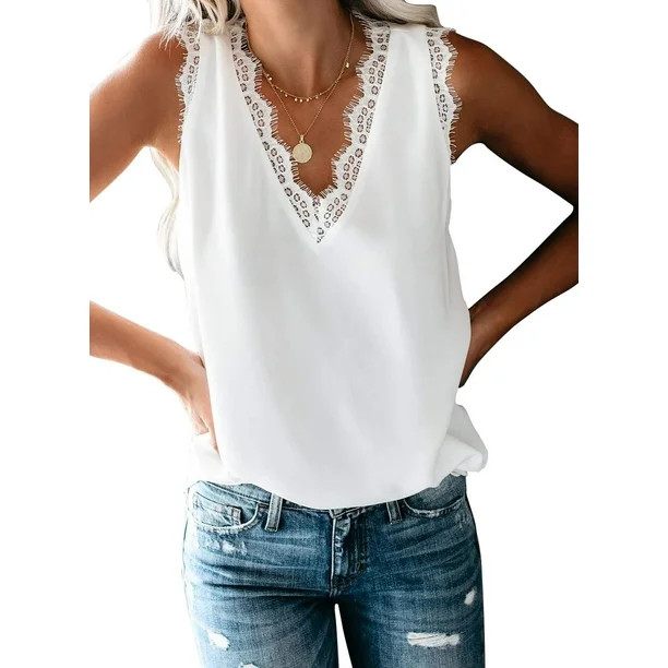Uvplove Womens V Neck Lace Trim Cami Tank top Casual Sleeveless Lightweight Blouse Shirt - Walmar... | Walmart (US)