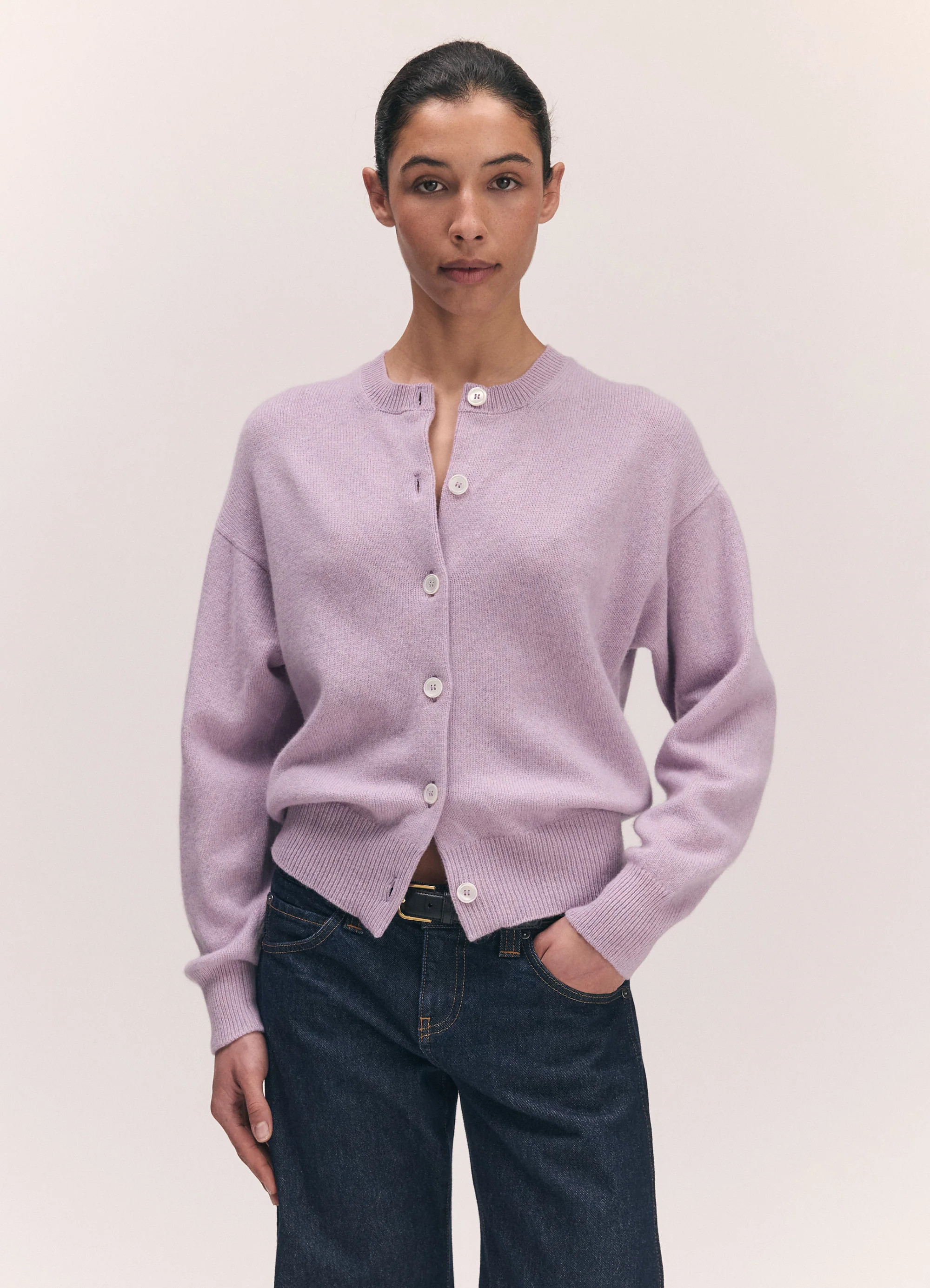Ada Crewneck Cardigan in Lilac | & Daughter (Global)