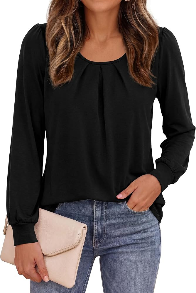 PRETTYGARDEN Womens Long Puff Sleeve Tops Crew Neck Blouse | Amazon (US)
