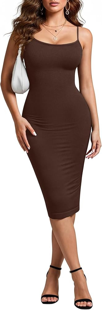 Tummy Control Dress for Women - Bodycon Slip Midi Dress with Built in Bra Date Night Spaghetti St... | Amazon (US)
