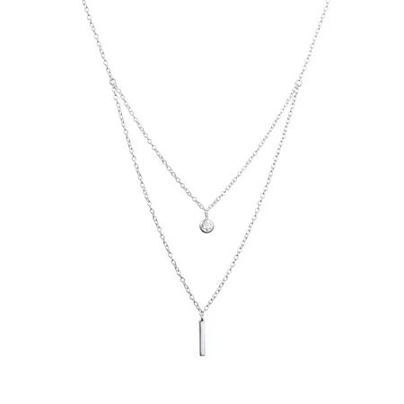 Sterling Silver Double Layer Vertical Bar & CZ Necklace | Walmart (US)