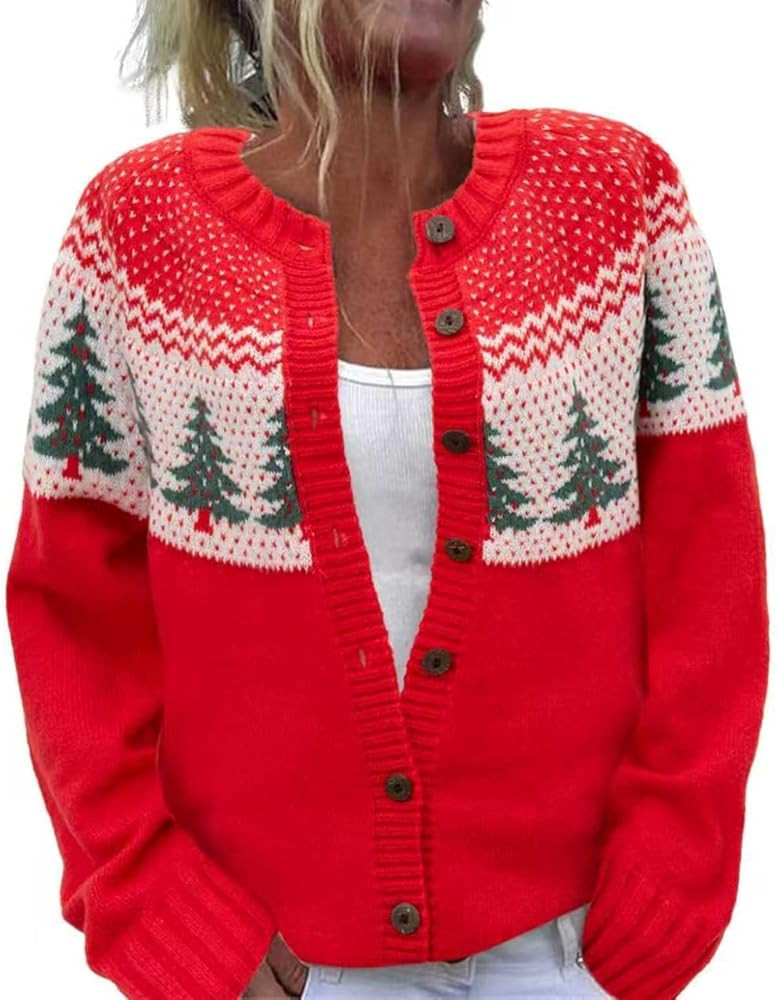 Women's Funny Fall Winter Animal Floral Christmas Tree Long Sleeve Button Knit Cardigan Sweater | Amazon (US)