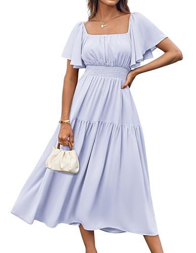 GRACE KARIN Women's Summer Short Sleeve Square Neck Smocked Waist Casual Vacation Tiered Flowy Ma... | Amazon (US)