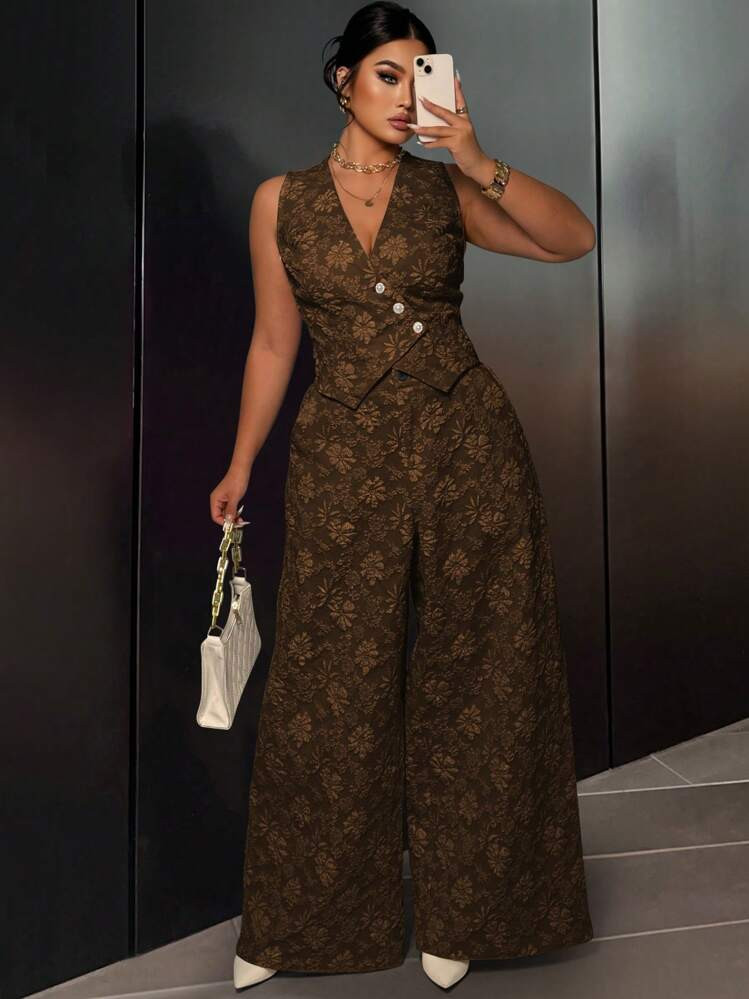 SHEIN Unity Plus Size Floral Pattern Elegant Suit Set With Diagonal Buttons Waist-Cinched Vest And Pants Graduation,Back To School,Teacher Outfits For Women Winter Fall Autumn | SHEIN