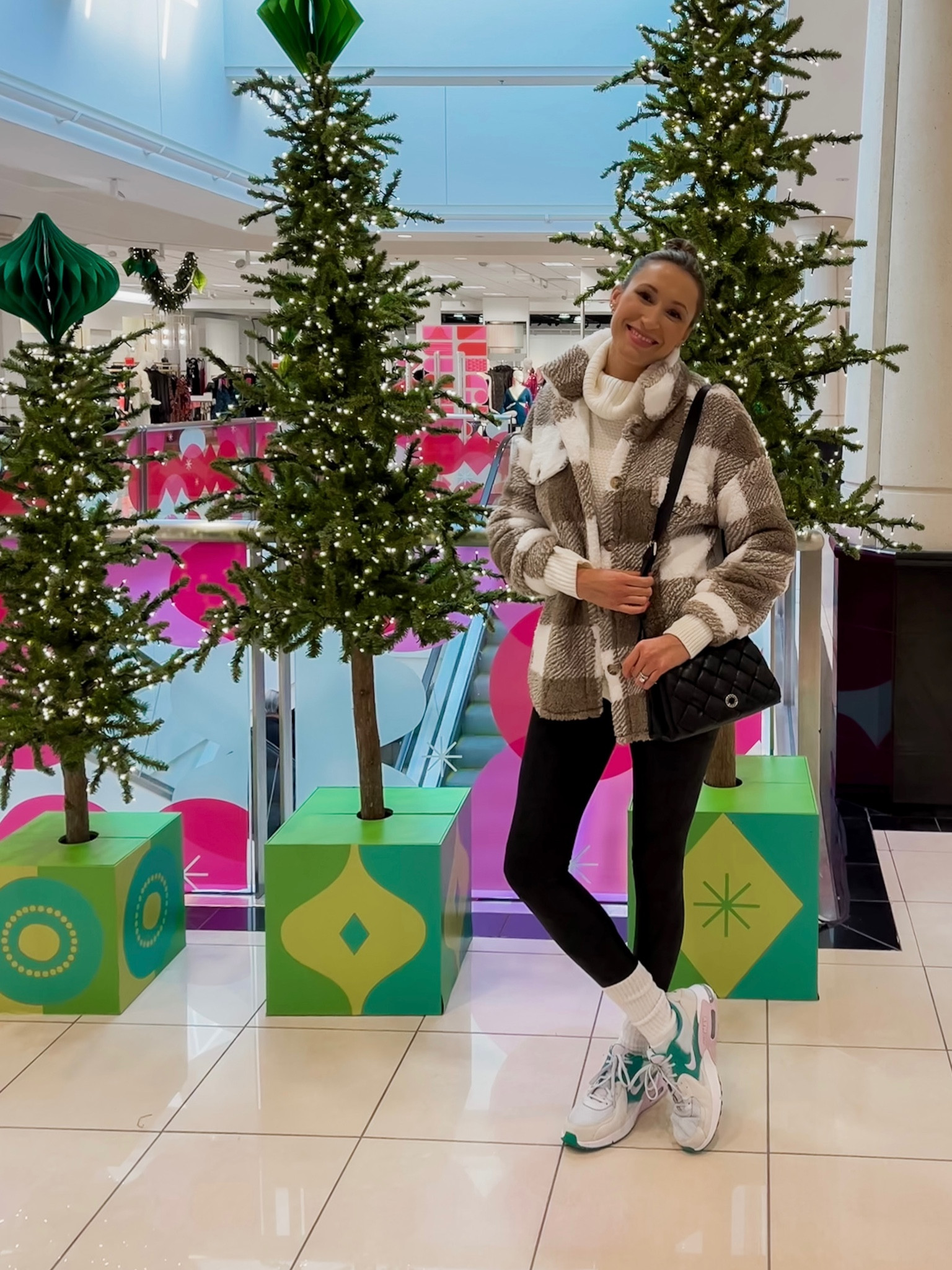 Cozy winter outfit with faux leather leggings, Nike sneakers, quilted crossbody bag, turtleneck tunic sweater, plaid sherpa shacket 
Amazon fashion 

#LTKstyletip #LTKunder100 #LTKSeasonal