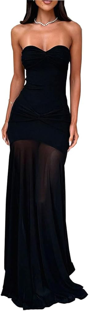 ABINGOO Women's Tube Top Dress Twisted Knot Front Mesh Patchwork Maxi Dress Strapless Bodycon Lon... | Amazon (US)