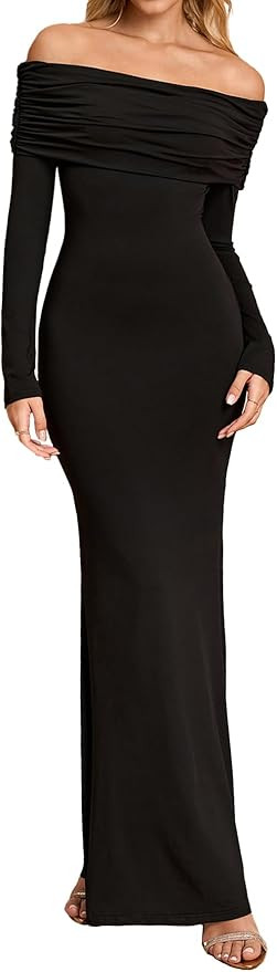 Women's Fall Off The Shoulder Maxi Dress Elegant Long Sleeve Bodycon Formal Wedding Guest Dresses | Amazon (US)